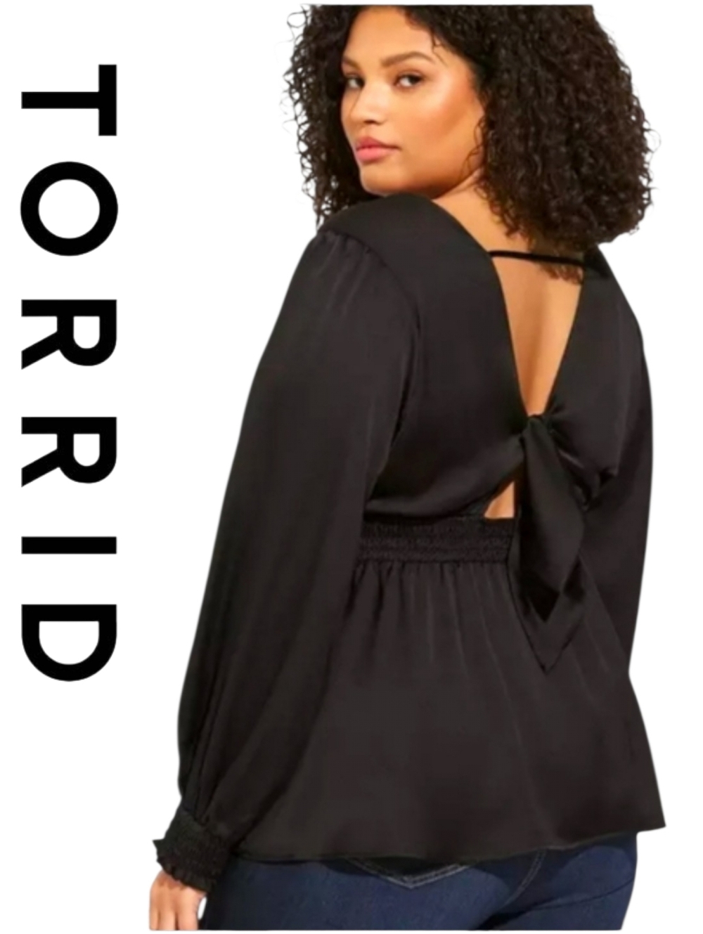 Torrid Sexy Black Satin Surplice Tie Cut Out Back Long Sleeve Blouse